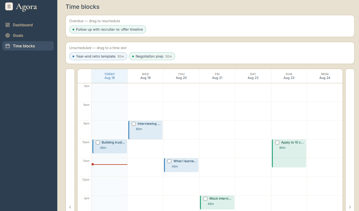 Agora's drag-and-drop time-blocking calendar, with unscheduled tasks in a tray on the side